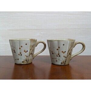 VINTAGE Japanese Studio Pottery Mugs Set 2 Hand Painted Stoneware Tea Cups RARE